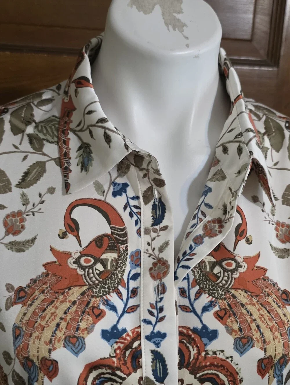 Rachel Zoe Button Down Peacock Print Blouse Cream Size L - Picture 5 of 11